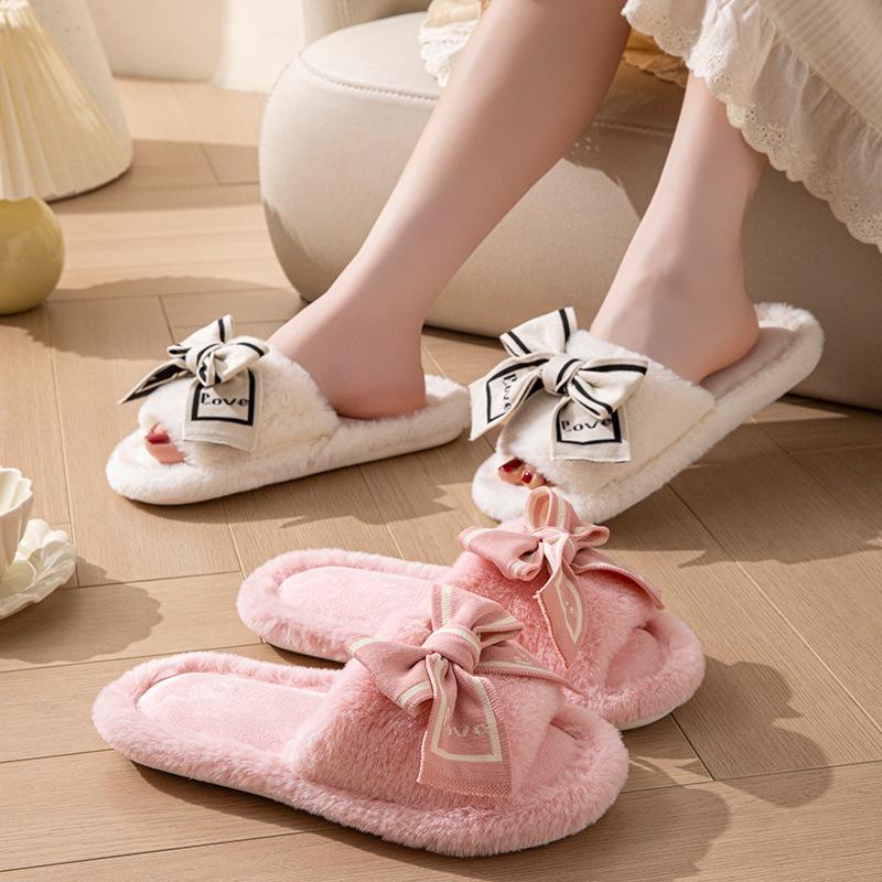 Open-toe Plush Slippers, LOVE Bow Women's Home Slippers, Wooden Floor Cotton Slippers, Plush Slippers