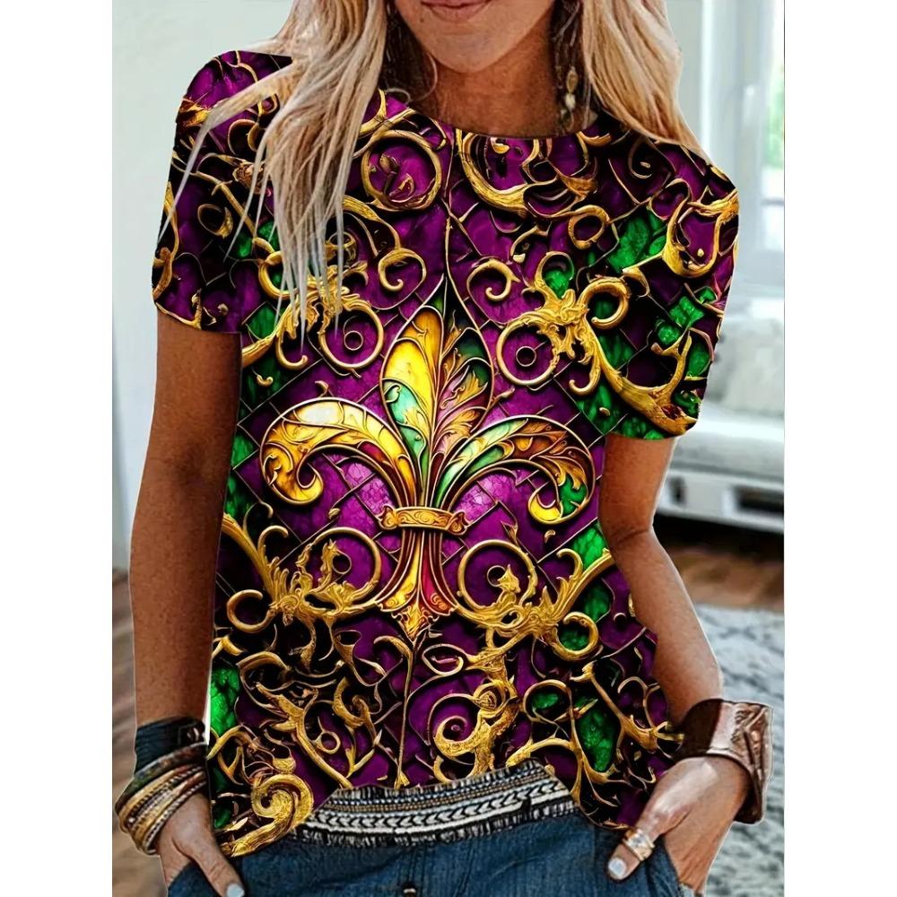 Full Print Women Mardi Gras Mask Pattern T Shirt Casual Short Sleeve Crew Neck Tees Shirt New In Party Tshirts Women's Clothing