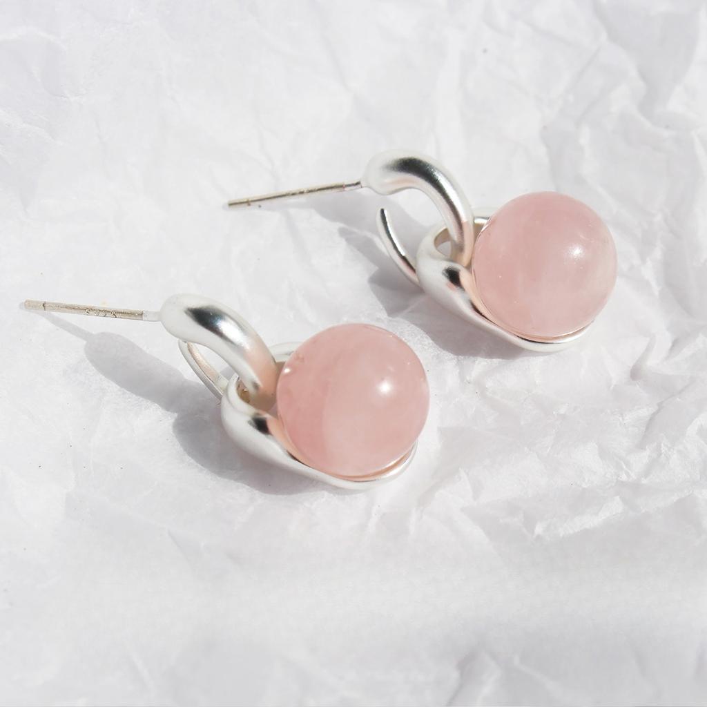 Original Glacier Pink Natural Stone Earrings Women'S Guochao Matte Silver New Chinese Stud Earrings Cold Earrings 05