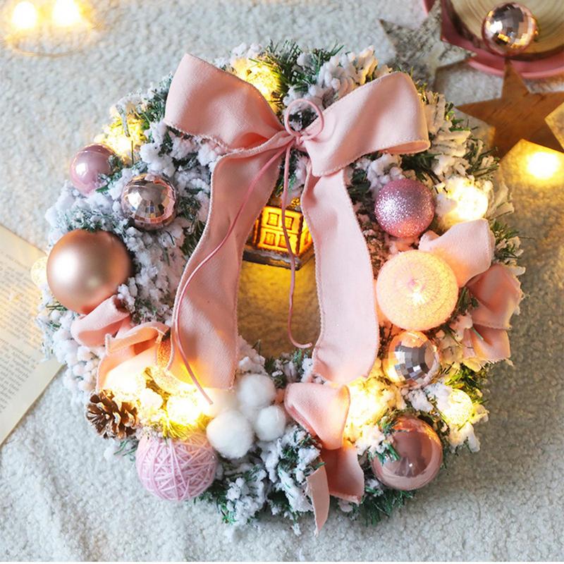 Christmas Snow Wreath Artificial Christmas Door Wreath with Bow Tie Realistic Handmade Led Wreath Holiday Decor for Bedroom