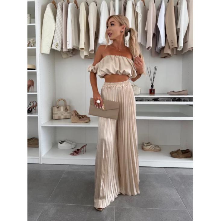 

Элегантный однотонный комплект из жилета с длинным рукавом и плиссированных брюк для лета, новинка для женщин, модный и стильный наряд L абрикосовый