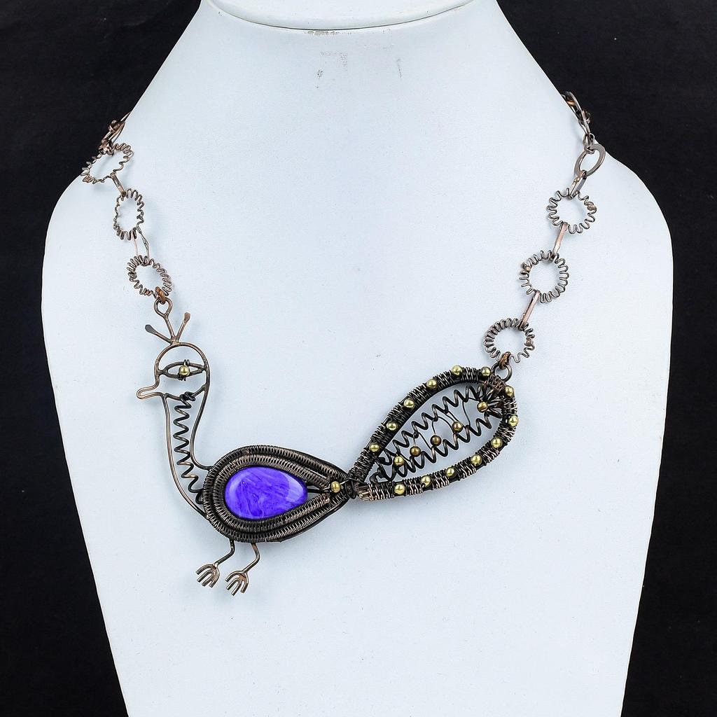 Charoite Necklace Copper Wire Wrapped Gemstone Necklace Adjustable Chain Necklace Peacock Necklace Handmade Necklace For Gift Copper Jewelry