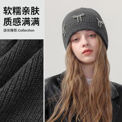 Chapeau Tricoté à Pompon Perle pour Blogueuse, Hiver pour Femme, Couleur Unie, Anti-froid et Chaud, Double Couche, Protection Oreilles, Chapeau en Laine