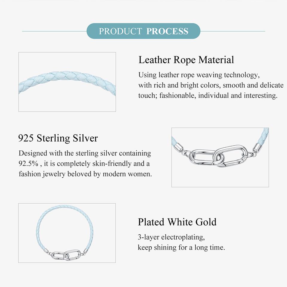 WOSTU DIY 925 Sterling Silver Leather Bracelet Light Blue Braided Rope with Interlocking Clasps Fit For Charms Bead for Women