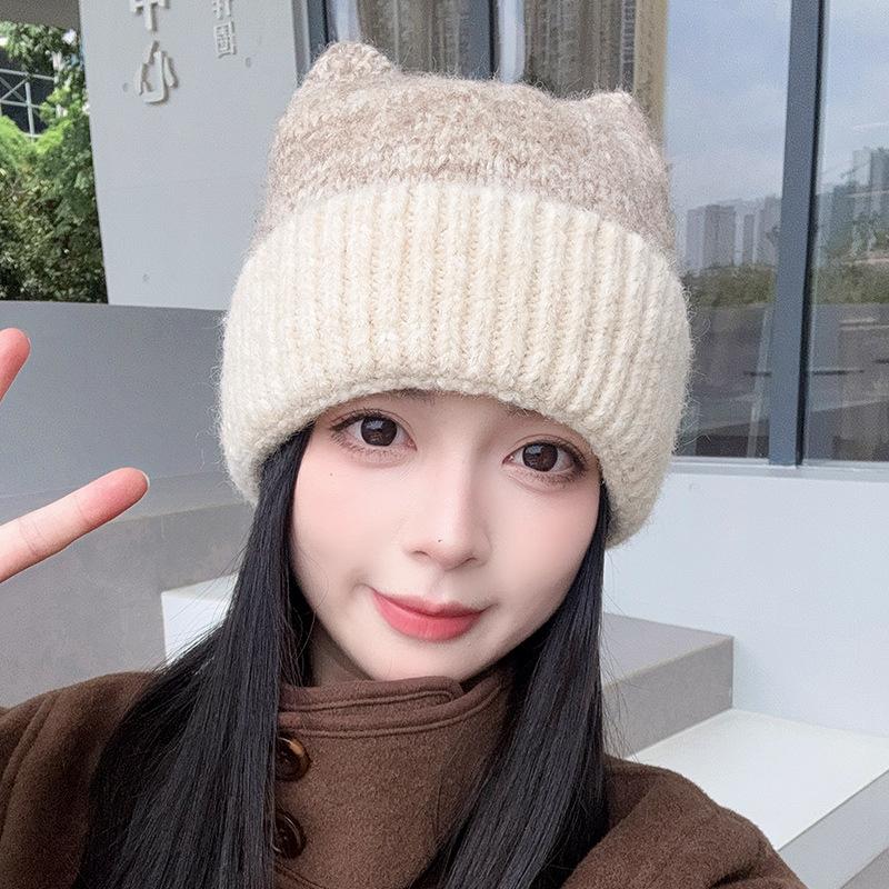Cute Cat Ear Knitted Hats Big Head Girdles  Warm Woolen Hats That Show Off The Face  Small Pullover Hats  and The Cold Hat Trend In Autumn and Winter