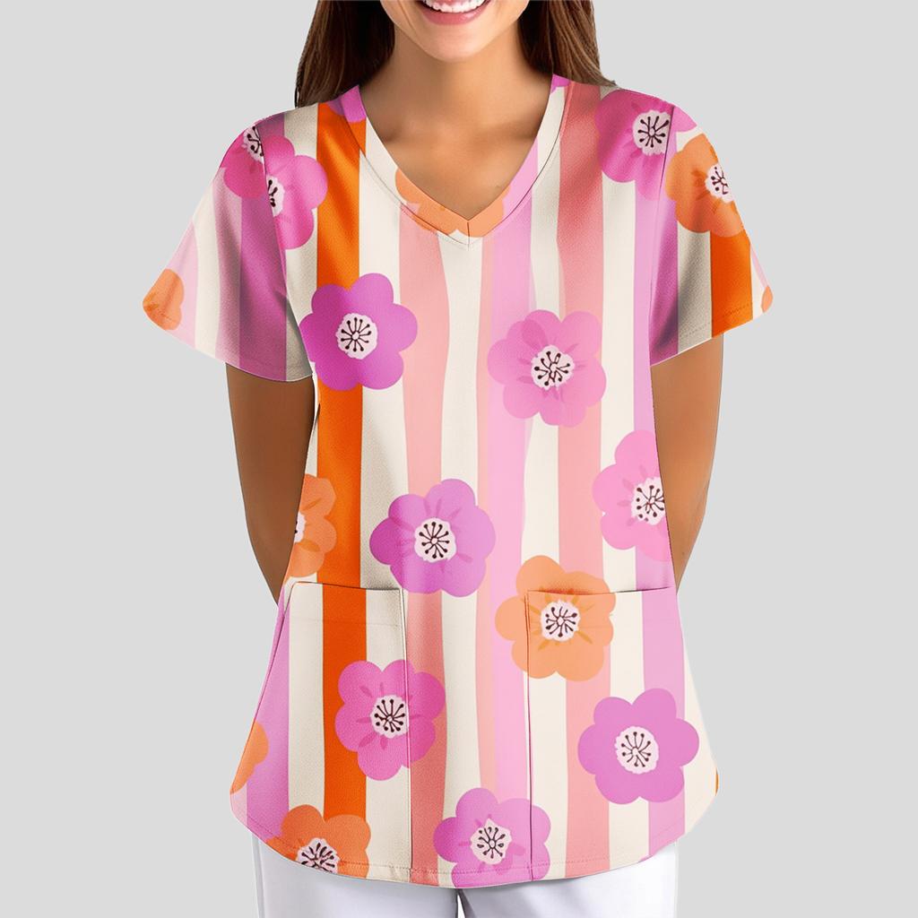 Women's Floral Print Loose V-neck Short-sleeved Uniform/ Uniform