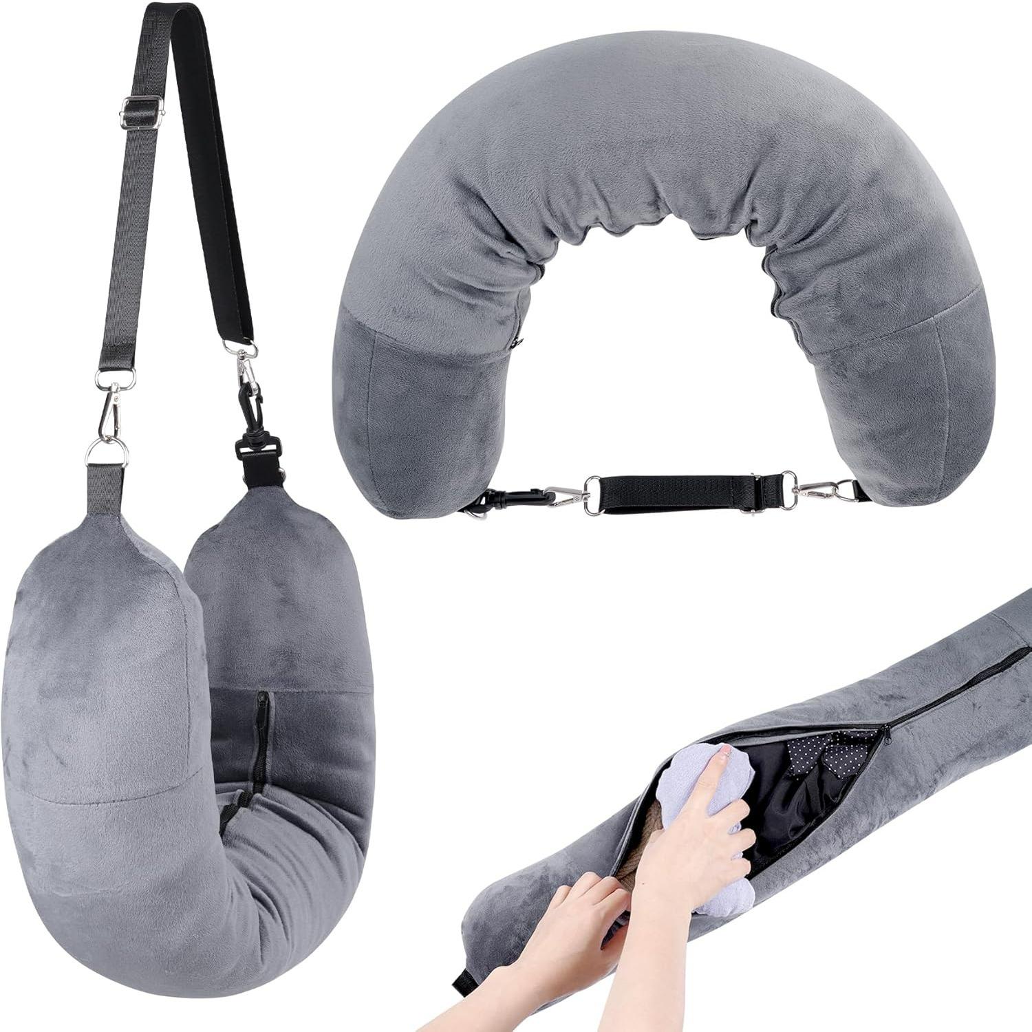 

Refillable Pillow Case Travel Extra Luggage Velvet Refillable Neck Pillows Storage Fits Short Journey Multifunctional Adjustable U-Shaped Grey F