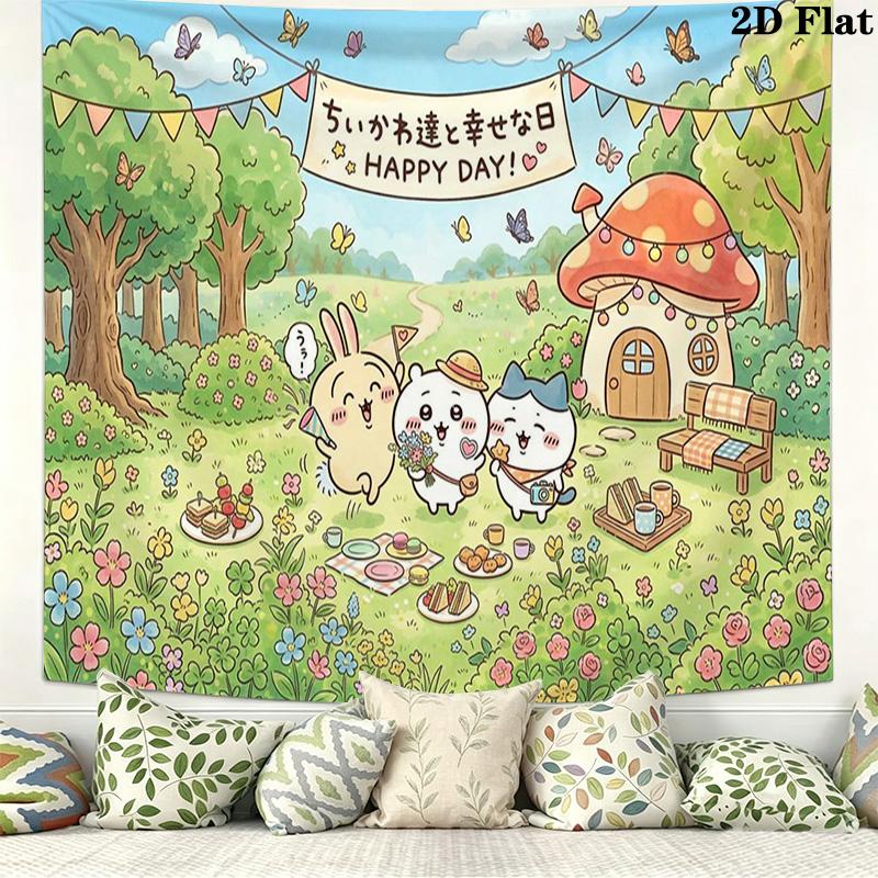Anime Chiikawa Wall Tapestry Aesthetic Wall Hanging Printed Fabric Blanket Decorative Tapestries for Bedroom Living Room Home Decor