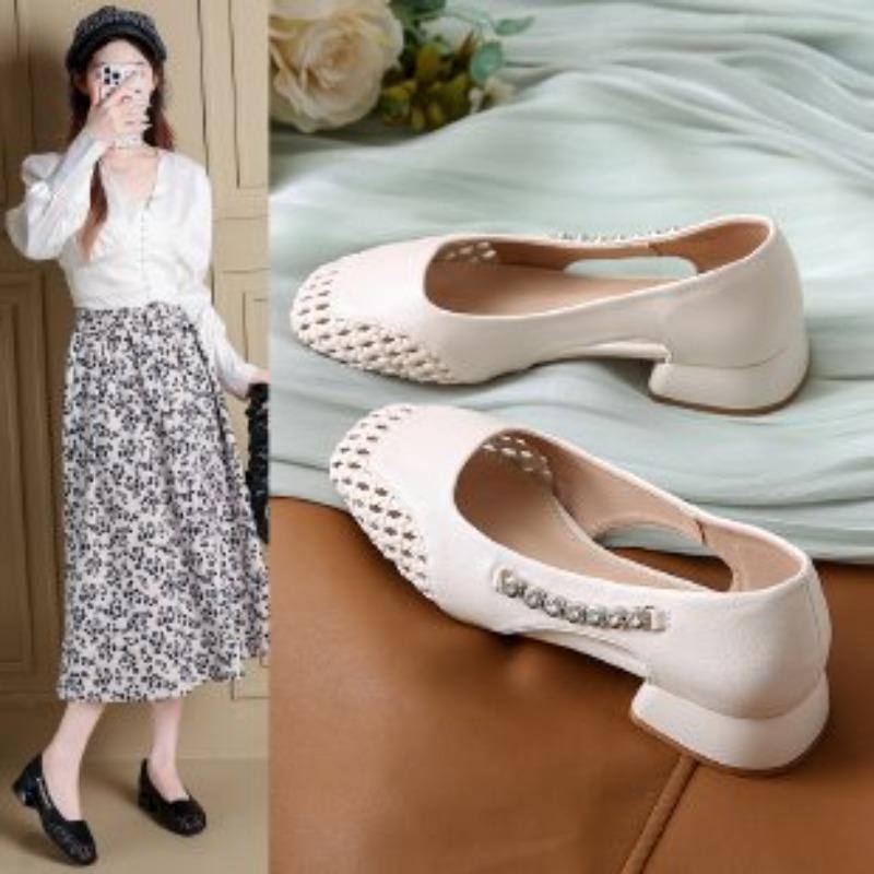 Fashion 2025 Spring and Autumn Woven Sandals Women's New Versatile Hollow Block Heel Single Shoes