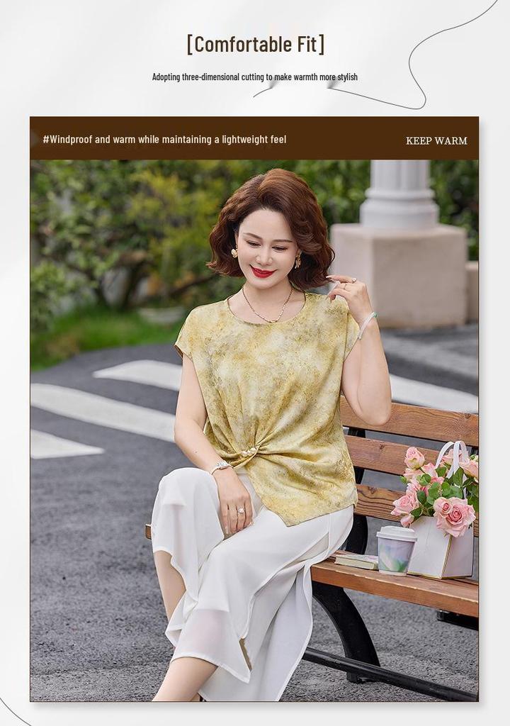 Mom's Elegant 2026 Floral Two-Piece: Summer Wide-Leg Pants & Top Set for Middle-Aged and Elderly Women