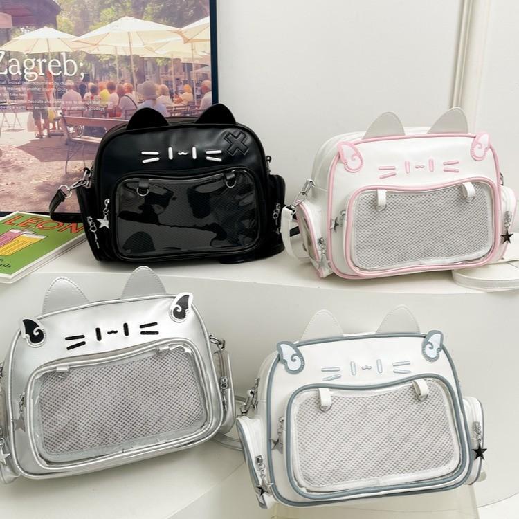 Y2K Korean Kawaii Cat Lolita Bag Cute PU Shoulder Bag Girls Transparent Pocket Harajuku Crossbody Bag Women's Fashion Backpacks