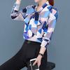Women's Clothing Contrasting Colors Geometric Printed Blouse Spring Autumn Long Sleeve Scarf Collar Commute Button Bow Shirt New