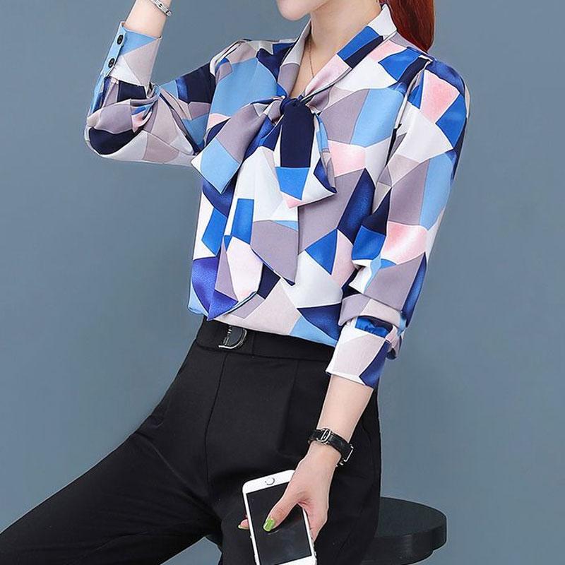 Women's Clothing Contrasting Colors Geometric Printed Blouse Spring Autumn Long Sleeve Scarf Collar Commute Button Bow Shirt New