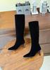 Autumn and winter pointed-toed thin-heeled long-tube sheepskin Maillard stacked medium boots
