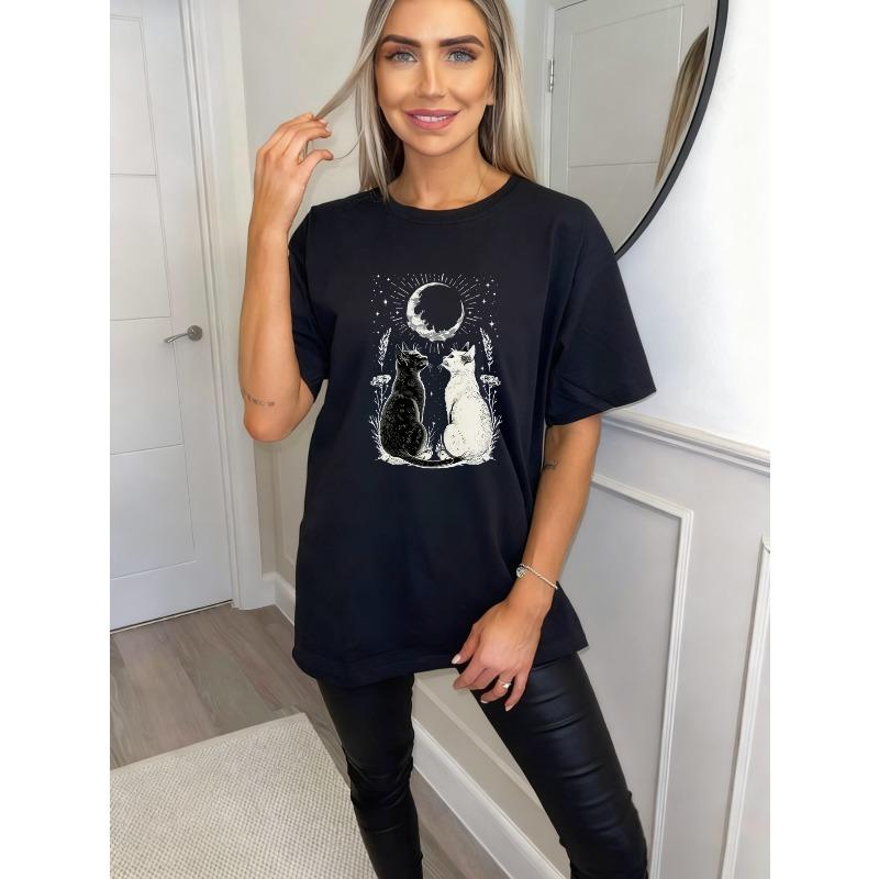 Black Oversized T Shirt With Moon And Cats Print For Casual Wear