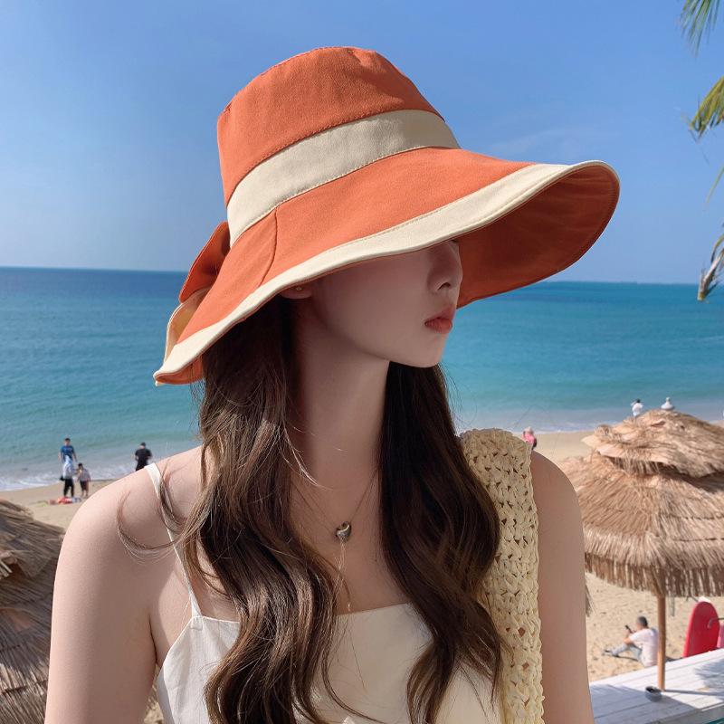New Hat Women's Summer Travel Sun Hat Big Edge Bucket Hat Bow Sunscreen Sun Hat Foldable
