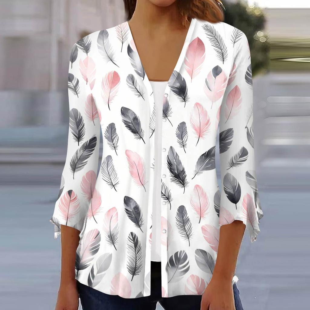 Women's Fashion Loose Casual Printed Seven-Part Sleeve Button Down Blouse Cardigan Top