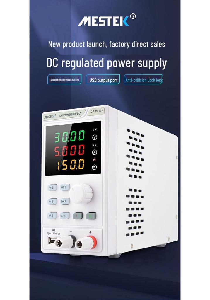 Mestek Adjustable DC Regulated Power Supply with USB Charging, Programmable Voltage & Current Control