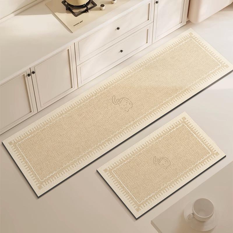 Kitchen Floor Mat Anti-slip Oil-proof Erasable Carpet Leather PVC Waterproof Rug Beige Line Texture Home Decoration Mats 