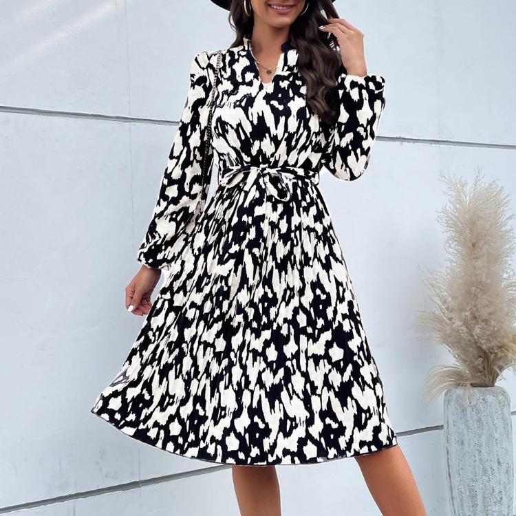

Women Pleated High Waist V Neck Long Sleeve Lace Up Print Spring Dress XXXL белый