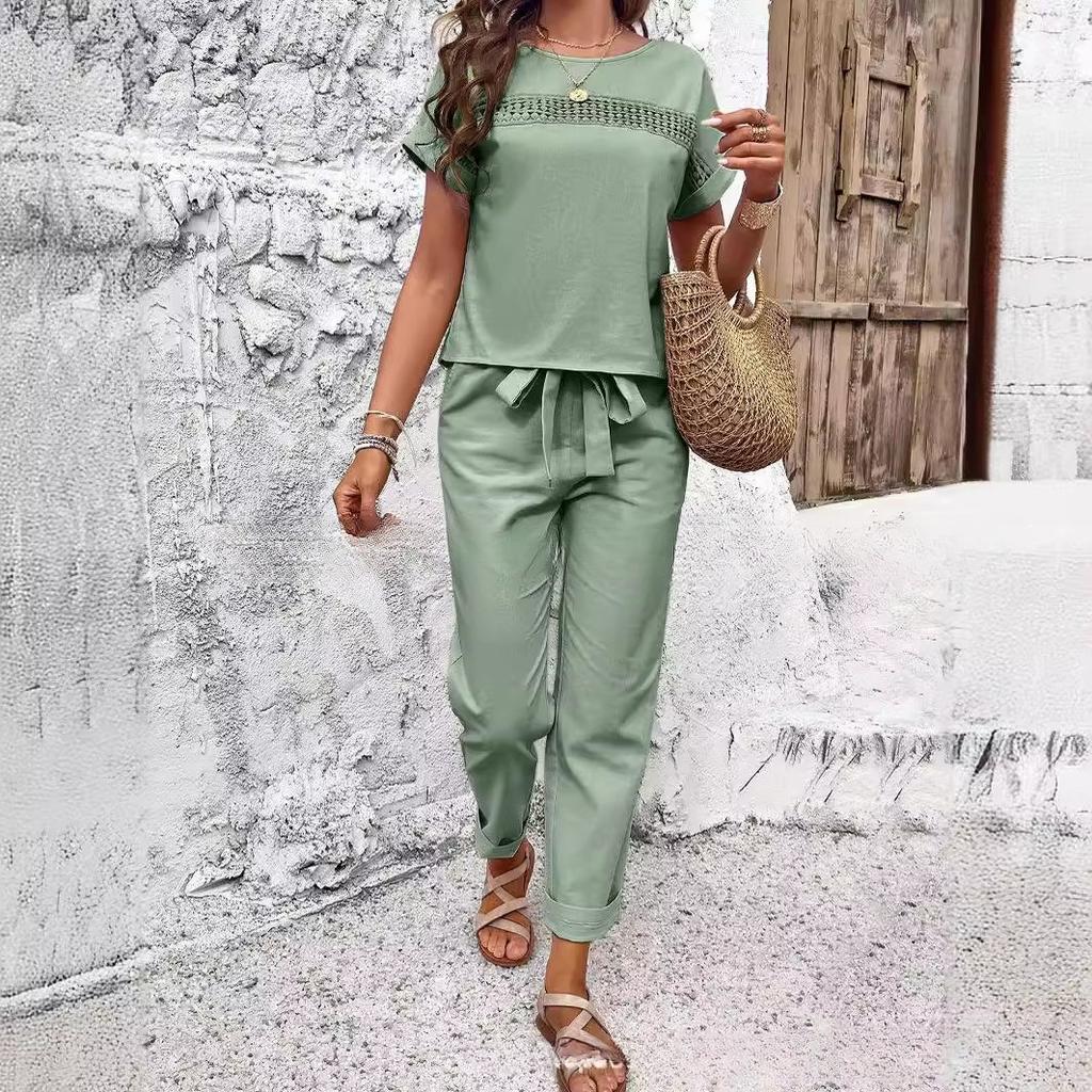 VEZFAA Women's Fashion Casual Summer Spring Short Sleeve O-Neck Trousers Pants Suits