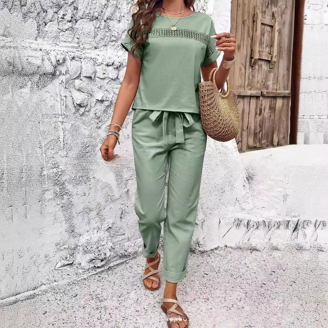 

VEZFAA Women s Fashion Casual Summer Spring Short Sleeve O-Neck Trousers Pants Suits XL зелений