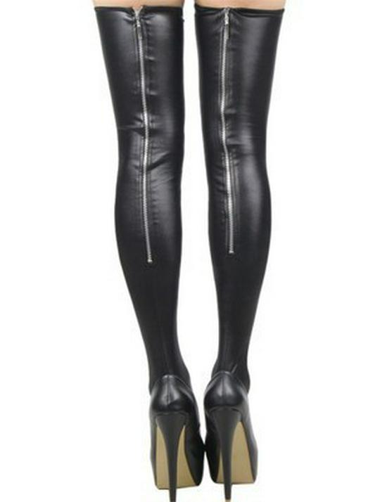 European-American Faux Leather Stockings with Metal and Lace Details