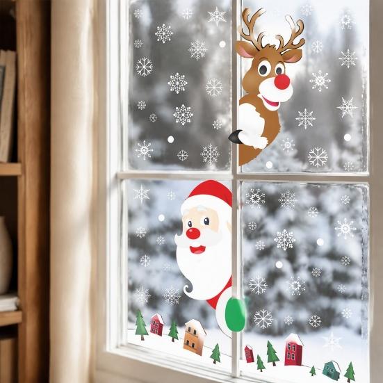 DIY Christmas Window Displays 4Pcs Santa Claus & Reindeer Static Clings with Snowflake, PVC Removable Decals, Reusable Decorations Glass Stickers for