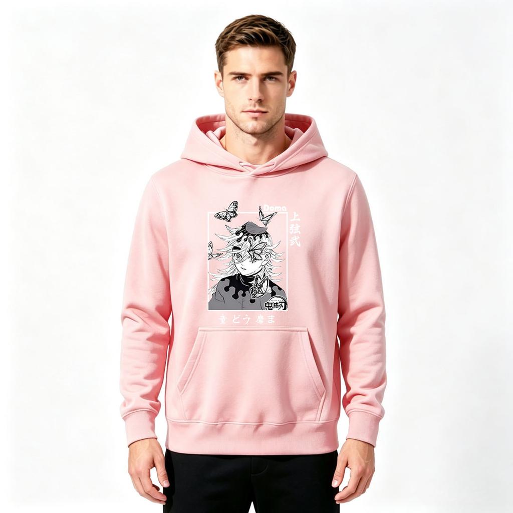 Anime Demon Slayer Doma Print Men Pullover Hoodie Casual Long Sleeve Sweatshirt