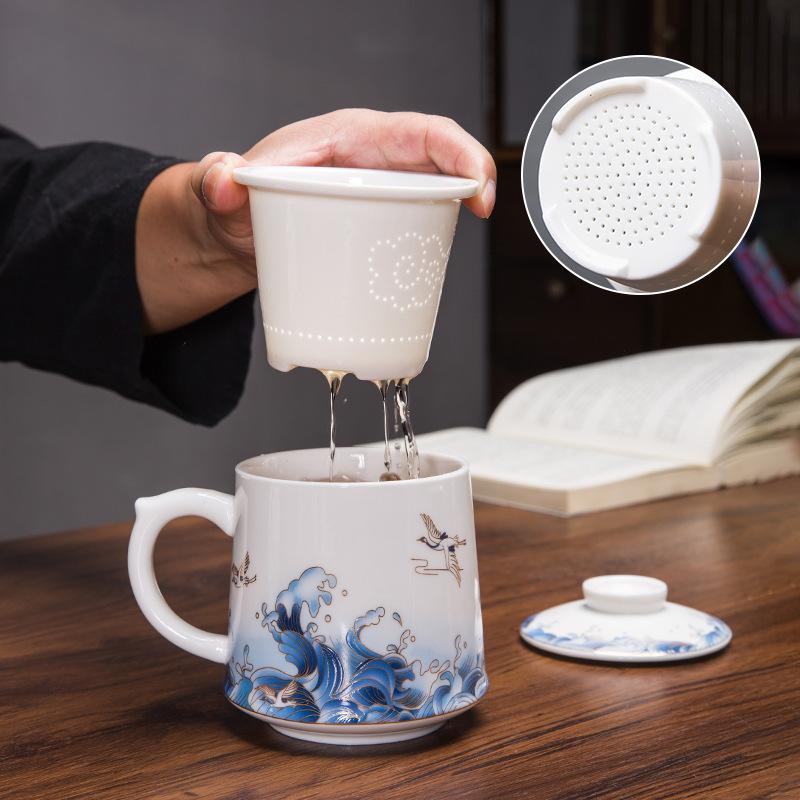 National Trendy Style Three Piece Set with Filtered Ceramic Mug Office Tea Separation Cup Business Festival Gift Cup