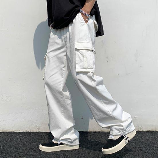 Men Cargo Pants Solid Color Hip-hop Style Loose Pattern Multi Pockets Elastic Waist Men Trousers Daily Clothes