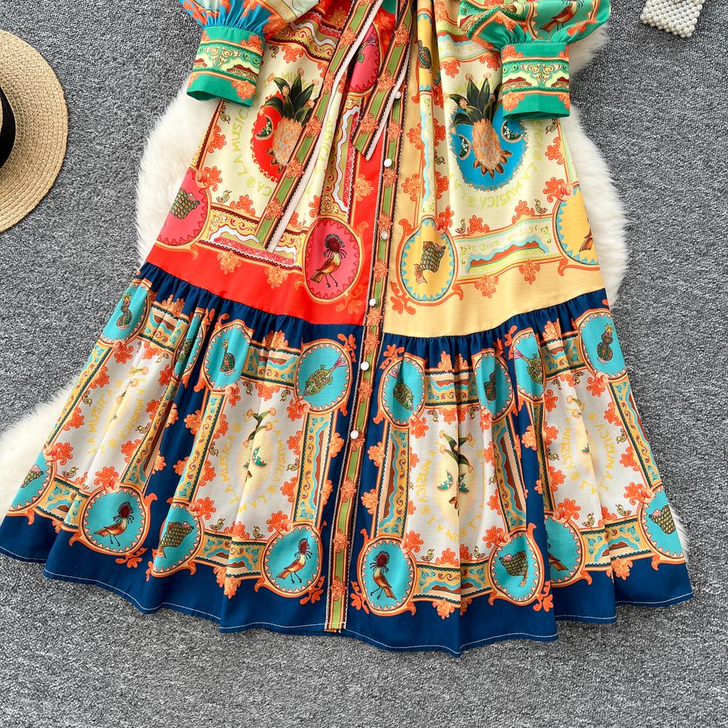 Frühling Sommer Damen Marke Designer Vintage Print Laufstegkleid Umlegekragen Lang Maxi Hemd Partykleider