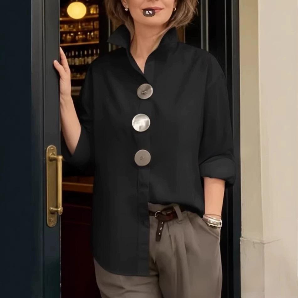 Spring and Summer New European and American Solid Color Stand-up Collar Metal Button-down Long-sleeved Shirt