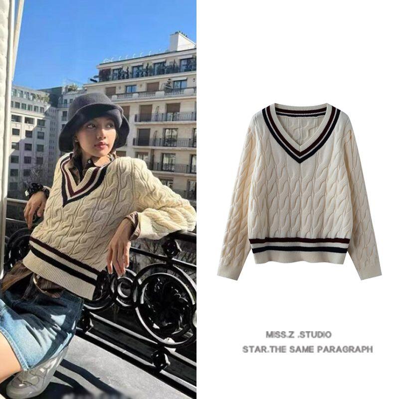 

Lisa Same Style K-style Ins British College Style V Neck Lazy Sweater Women s Bottoming Shirt 2024 Autumn and Winter Clothing New Fashion Beige White S