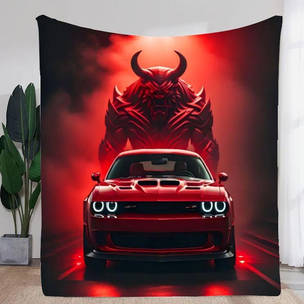 Demonic Power Red Muscle Car Blanket - Soft Cozy Throw Featuring Aggressive Dodge Challenger SRT Design with Horned Creature and 30x40in