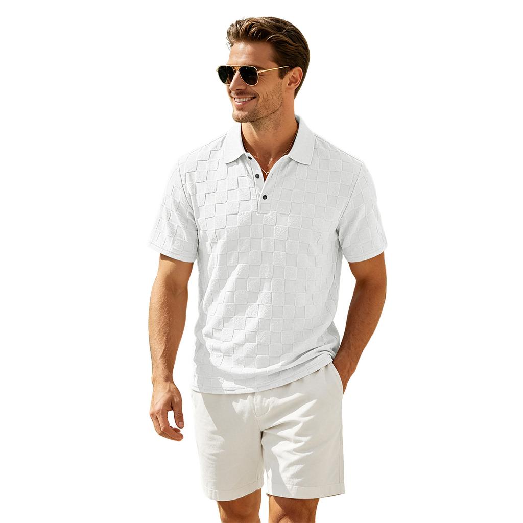 Men's Summer Jacquard Polo Shirt Heavyweight Casual Short Sleeve T Shirt with Checkered Pattern and Classic Collar Design