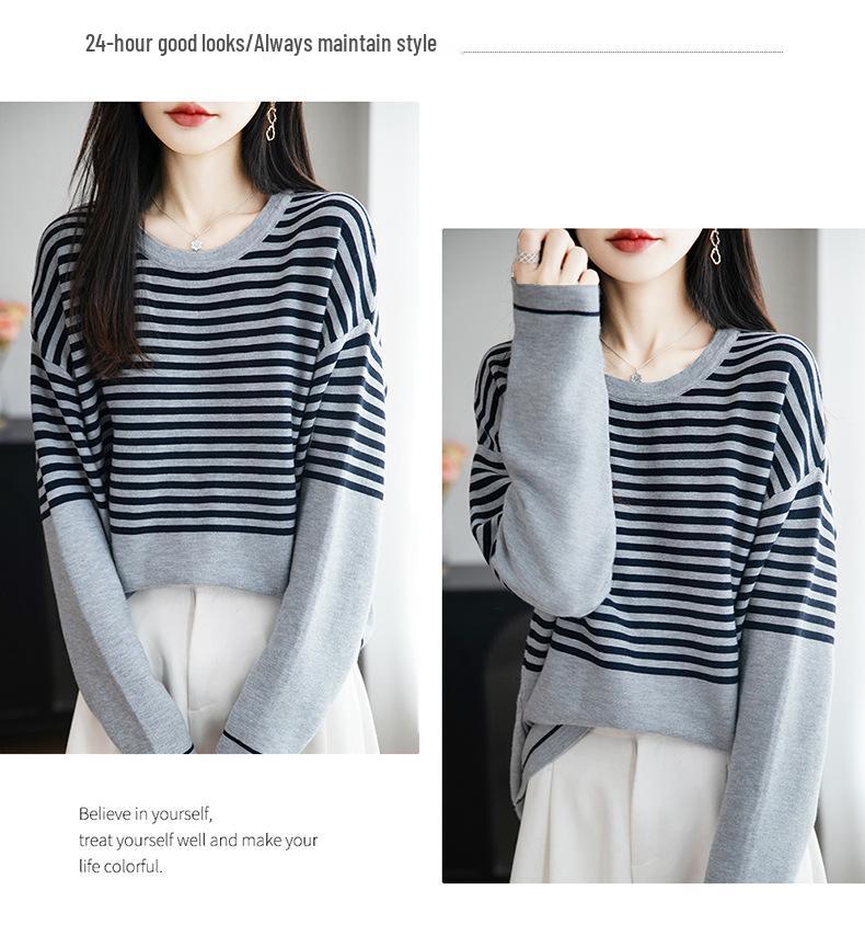 Women's Loose Striped Round Neck Wool Sweater - Autumn/Winter Knitwear, Versatile Jacket.