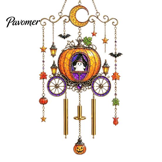Unique Halloween Gifts for Friends Stained Glass Style Wind Chime, Acrylic Suncatcher Hanging Ornament with Ghost Black Cat Artistic Window