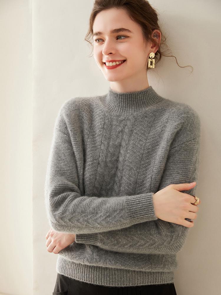 Women's Soft Cashmere Cable Knitwear - Semi-High Neck, Thickened for Autumn/Winter, Can Be Worn Alone or as a Commuting Base Layer