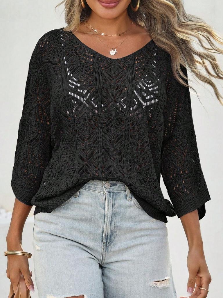 Women's Crochet Hollow Out Cover Up Top Off Shoulder Three Quarter Sleeve Mesh Beachwear