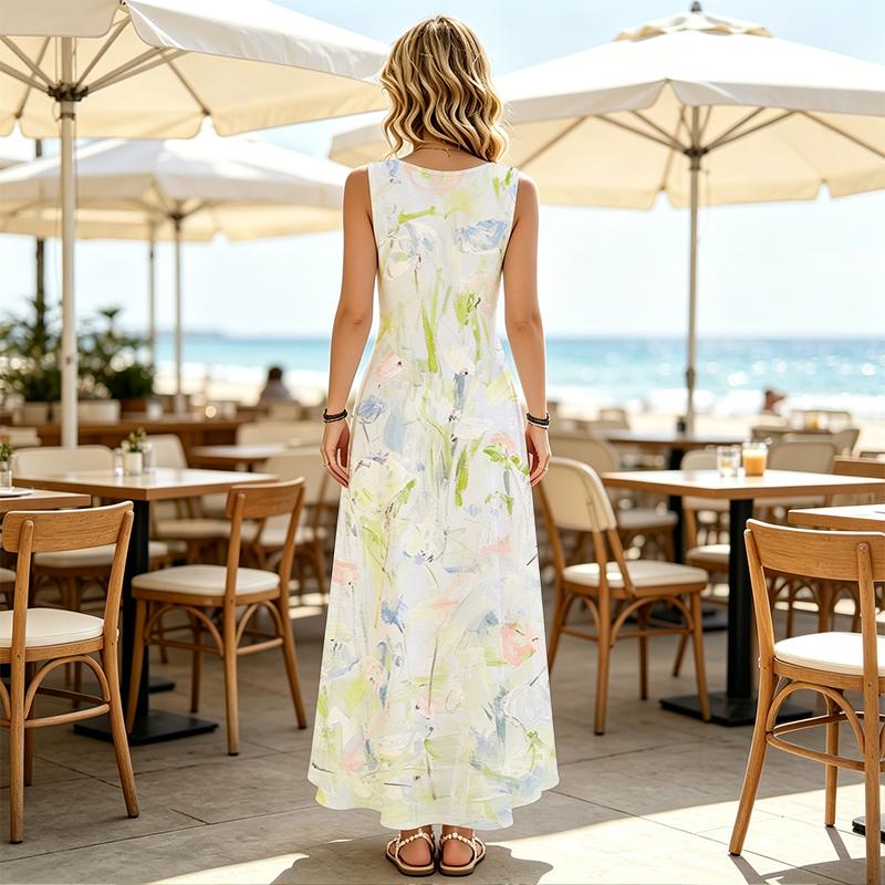 Women's Sleeveless Crew Neck Maxi Dress, Floral Print, A-Line, Polyester, Casual Summer Vacation