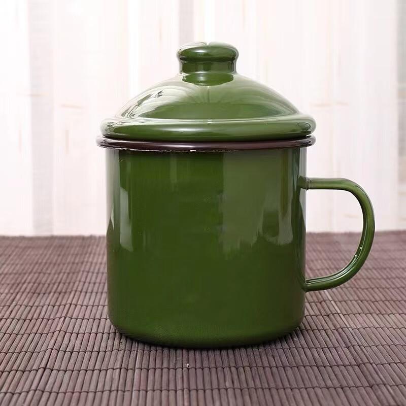 OLOEY Militärgrüne Emaille-Tasse mit Deckel (2er-Pack)