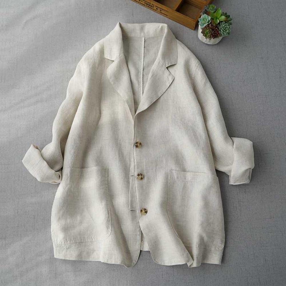 women s Casual Linen Blazer Single Breasted Three Buttons Loose Fit Long Sleeve Jacket M