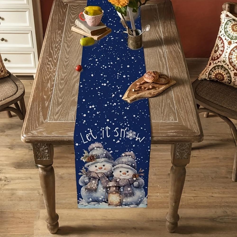 1Pc Christmas Snowman & Snowflake Design Navy Blue Linen Table Runner - Winter Christmas Decorations