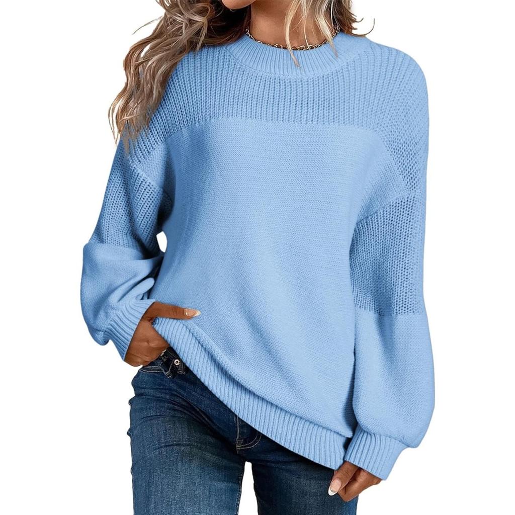 2025 Herbst Winter Neu Damen Einfarbig Laternenärmel Rundhals Langarm Pullover Gestrickter Pullover Top