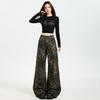 Leopard print tooling denim flared pants women's early autumn new design sense American retro micro-pull pants