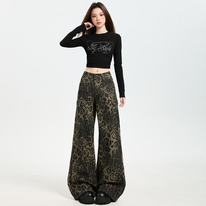 Leopard print tooling denim flared pants women's early autumn new design sense American retro micro-pull pants