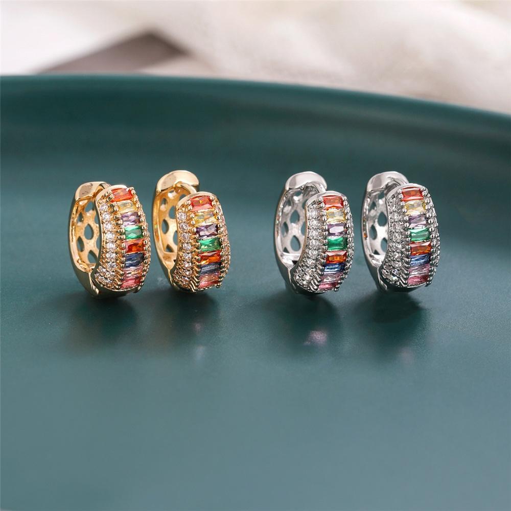 Luxury Female White Pink Rainbow Zircon Stone Hoop Earrings Vintage Fashion Gold Color Wedding Jewelry For Women