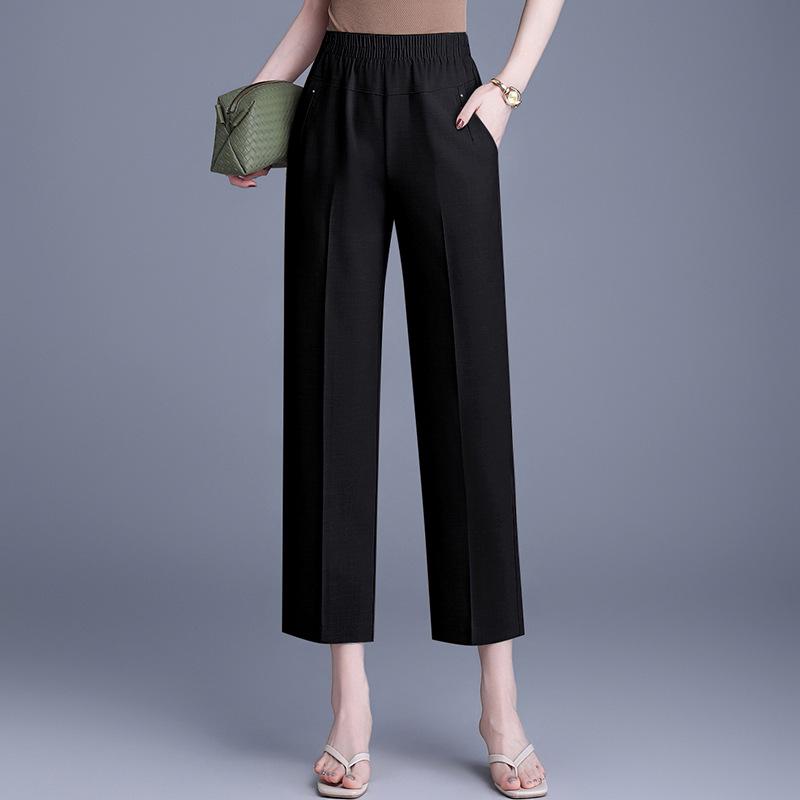 

Spring 2026 High-Waist Straight Leg Pants for Middle-Aged Women - Casual, Loose Fit, Nine-Point Length 3XL (61-70 kg) чёрный