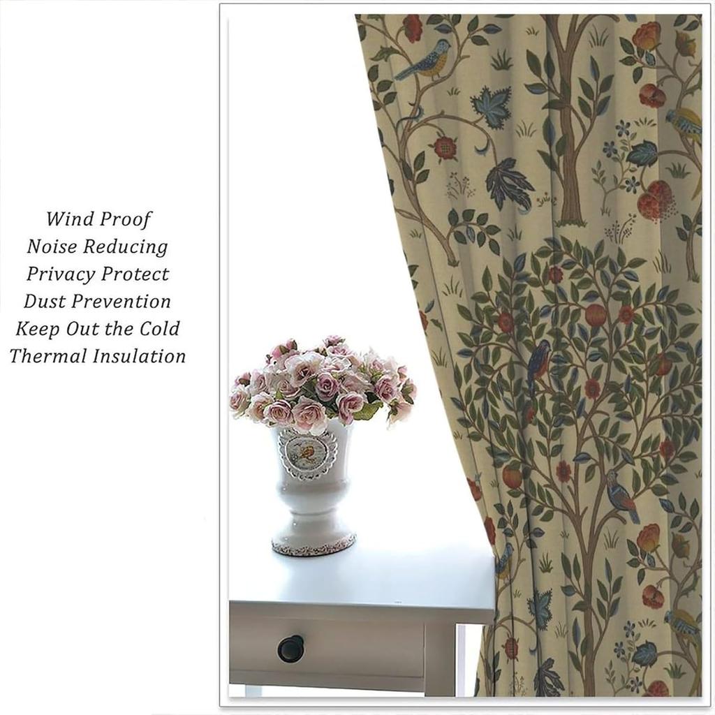 Vintage Zasłony Okienne zaciemniające William Morris Forest   Rustykalne Boho Zasłony Okienne z Ptakami i Roślinami   do Salonu Sypialni 21(W)*45(L